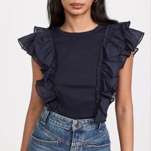 Veronica Beard Jeans Bardot Ruffle Tee navy blue short sleeve lightweight cotton